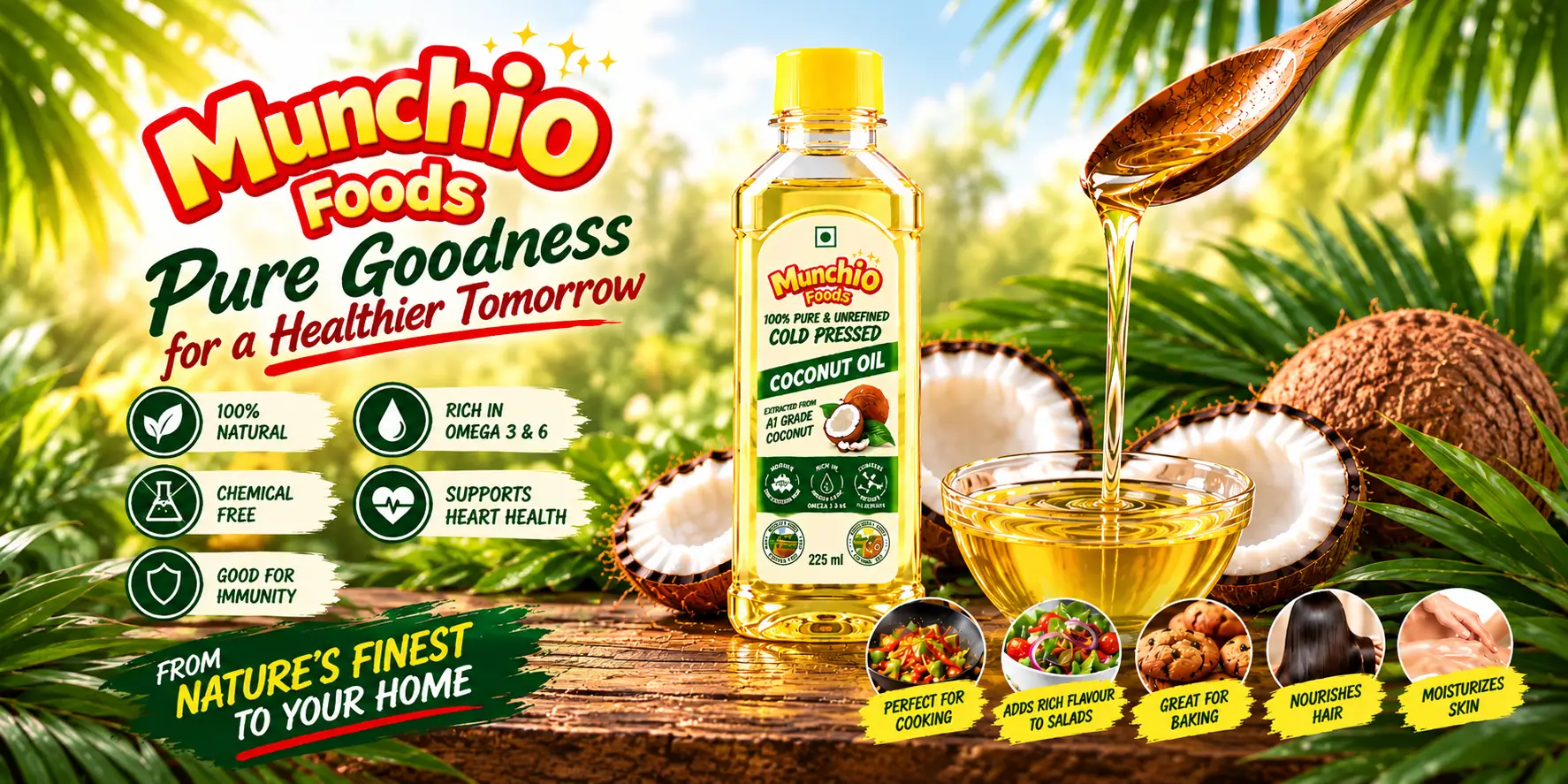 Munchio Foods cold-pressed coconut oil: pure goodness for a healthier tomorrow. 100% natural, chemical free, rich in omega 3 and 6.