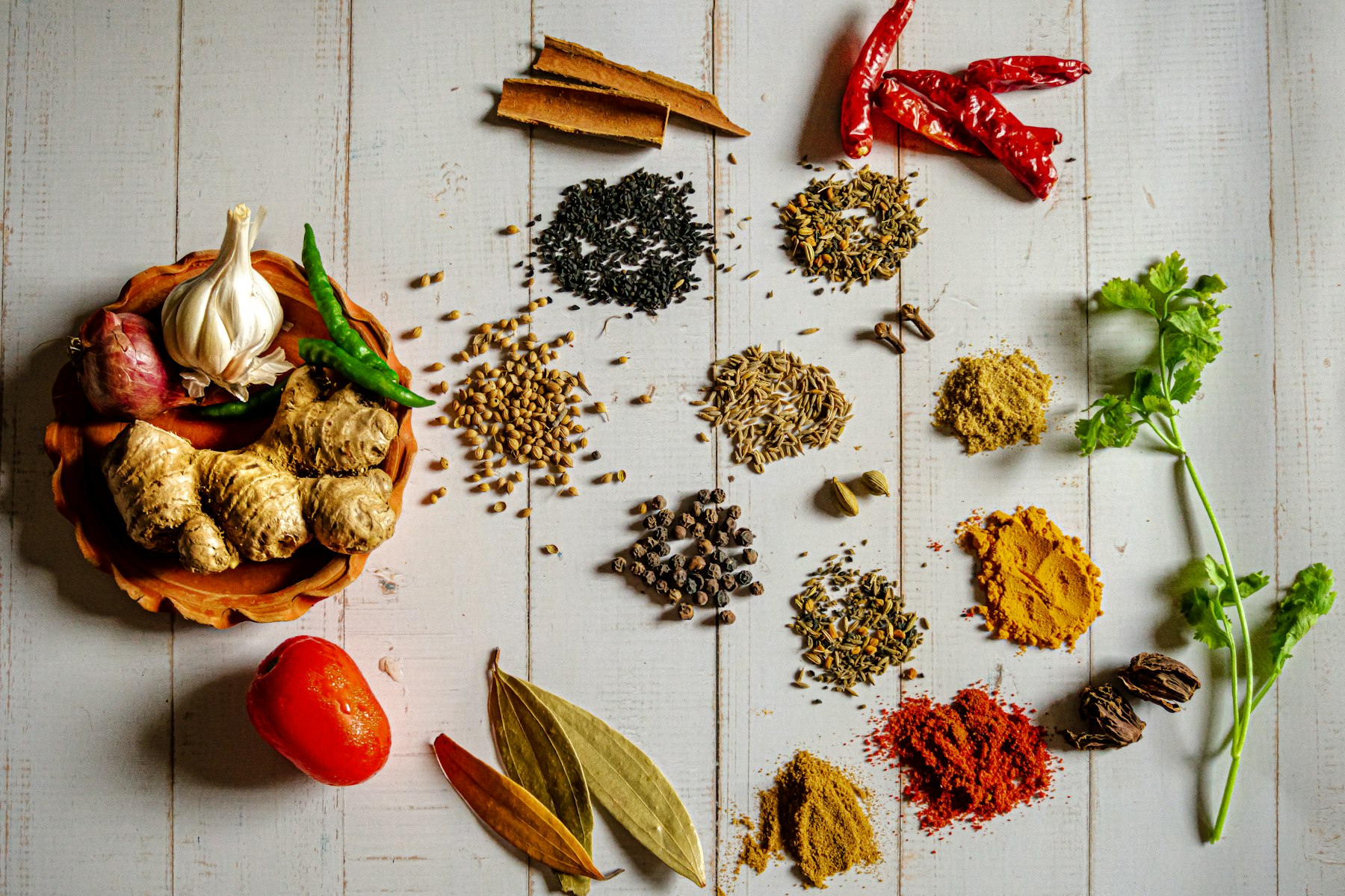 A flat-lay of raw South Asian masalas — turmeric, red chili powder, cumin, coriander seeds, cinnamon, bay leaves, ginger, garlic and green chilies on weathered wood
